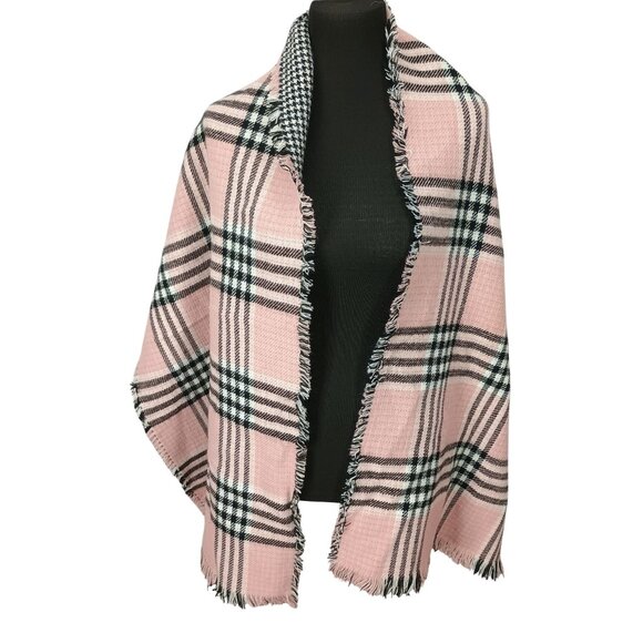 Reversible Plaid‎ Houndstooth Acrylic Wrap Shawl With Frayed Edges Tahari One Sz - Picture 1 of 7